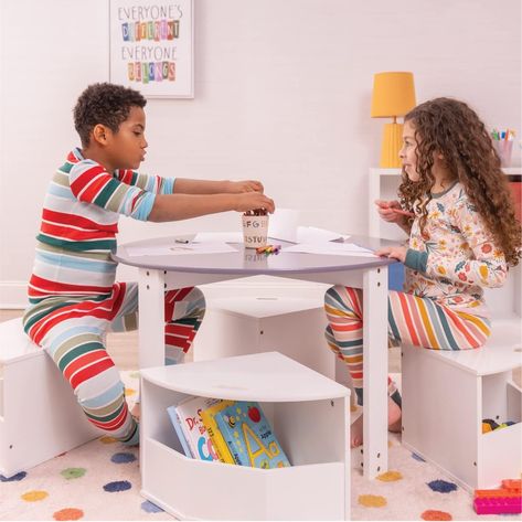 Enhance the look of your playroom or bedroom effortlessly with this modern gray and white set. It offers practicality with built-in storage compartments under the chairs, keeping craft supplies, books, and toys organized. Ideal for smaller spaces, the chairs slide under the table, saving valuable floor space. User-friendly handles and floor-friendly rubber feet make it a convenient and stylish choice for parents and their little ones. Animal Storage Ideas, Lego Activity Table, Stuffed Animal Storage Ideas, Kids Table With Storage, Toddler Play Table, Rolling Storage Bins, Kids Craft Tables, Diy Kids Table, Kids Table And Chair