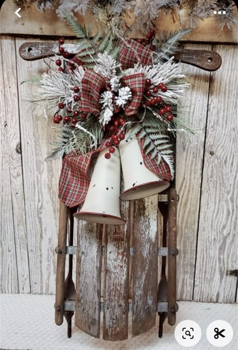 Christmas Sled Ideas, Antique Sleds Decorated For Christmas, How To Decorate A Sled For Christmas, Decorating A Sled For Christmas, Old Sled Repurpose, Sleigh Christmas Decorations, Decorating Sleds For Christmas, Antique Sled Christmas Decor, Painted Sleds Ideas