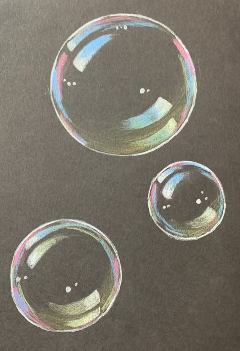 Bubble Color Pencil Drawing, How To Draw Bubbles On Black Paper, Bubble Drawing On Black Paper, Bubble Colored Pencil, Drawing Bubbles On Black Paper, Color Pencil Painting Ideas, Soap Bubbles Painting, Drawings On Grey Paper, Color Pencil Bubbles