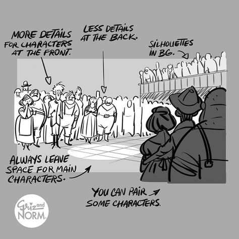 Tuesday Tips - Three's a crowd. When composing crowds and a quick deadline is involved, here's a few pointers I use, especially when… Griz And Norm, Crowd Drawing, Storyboard Examples, Storyboard Ideas, Tuesday Tips, Comic Book Layout, Animation Storyboard, Comic Tutorial, Art Advice