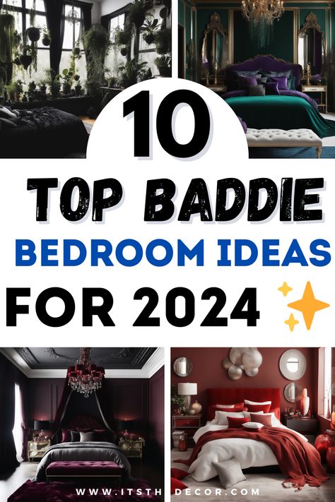 Discover how to transform your space into the ultimate baddie retreat with our Top Baddie Bedroom Ideas for 2024! From edgy decor to glam accents, get all the inspiration you need to level up your apartment with a bold, empowering vibe. Perfect for those ready to make a statement with their bedroom style. #BaddieBedroom #BedroomInspo2024 #GlamDecor #EdgyBedroomIdeas #TopBaddieBedroomIdeas Bachelorette Bedroom Ideas, Room Theme Ideas For Women, Simple Glam Bedroom Decor, Luxury Eclectic Bedroom Design, Women Apartment Bedroom Ideas, Master Bedrooms Decor Modern Luxury 2024, Glam Room Ideas Luxury, Art Deco Bedroom Ideas Interior Design, Unusual Bedroom Ideas