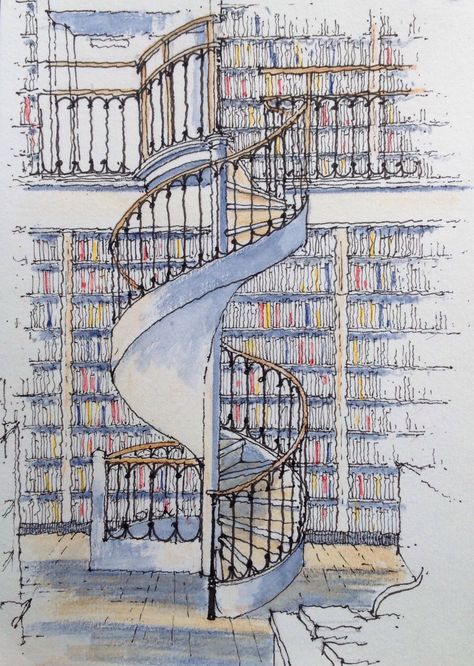 Leeds Library .. spiral stair ~ sketch ~ John Edwards Spiral Stairs Drawing, Stairs Drawing, Library Drawing, How To Draw Stairs, Sketch Architecture, Spiral Stair, Building Stairs, John Edwards, Stairs Architecture