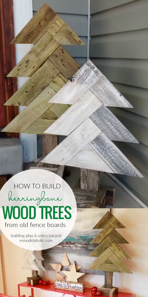 How To Build DIY Rustic Herringbone Wood Christmas Trees From Old Fence Boards | Video tutorial and free building plans at Remodelaholic.com Rustic Christmas Diy, Wood Christmas Trees, Old Fence Boards, Wooden Trees, Free Building Plans, Wood Trees, Herringbone Wood, Fence Boards, Pallet Christmas