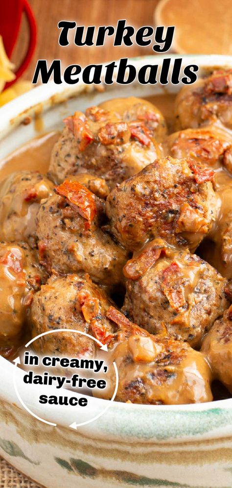 This flavorful recipe for turkey meatballs in a creamy dairy-free sauce makes a nutritious and healthy dinner option. When you're craving comfort food classics these saucy turkey meatballs offer a delicious and healthy alternative to traditional meatball recipes. Dairy Free Sauce Recipes, Turkey Meatball Sauce, Crockpot Dairy Free, Frozen Meatballs Crockpot, Dairy Free Meatballs, Best Turkey Meatballs, Recipe For Turkey, Turkey Meatballs Healthy, Dairy Free Sauces