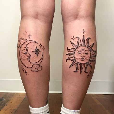 ig: gabymarshall Double Forearm Tattoo, Sun And Moon With Faces Tattoo, Sun Moon Tramp Stamp, Aztec Sun And Moon Tattoo, Sun Moon Knee Tattoo, Sun And Moon Calf Tattoo, Whimsical Sun And Moon Tattoo, Knee Mushroom Tattoo, Neo Traditional Sun And Moon Tattoo