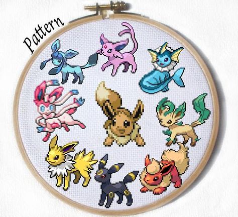 All Eeveelutions Cross stitch patterns- Eevee, Jolteon, Flareon, Vaporeon, Umbreon, Espeon, Leafeon, Glaceon and Sylveon! and is available for immediate download! If you would like a different pokemon, please message me, email me, or add it in the details of your purchase! All patterns are Glaceon And Sylveon, All Eeveelutions, Umbreon Espeon, Pokemon Cross Stitch Patterns, Geeky Cross Stitch, Pokemon Cross Stitch, Pokemon Craft, Diy Cross Stitch, Needle Art