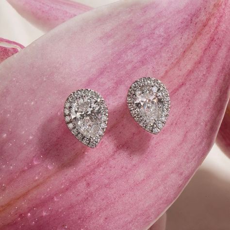 Tap to shop! Pear Halo, Jewellery Showroom, Bespoke Rings, Halo Earrings, Halo Earrings Studs, Three Stone, Diamond Studs, Druzy Ring, Halo Diamond