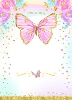 Pink Glitter Butterfly - Birthday Invitation Template (free image and visual related images Butterfly Birthday Party Invitations, Butterfly Birthday Party Decorations, Butterfly Themed Birthday Party, Butterfly Birthday Theme, Butterfly Baby Shower Invitations, Butterfly Invitations, Baby Birthday Invitations, Butterfly Birthday Party, Butterfly Template