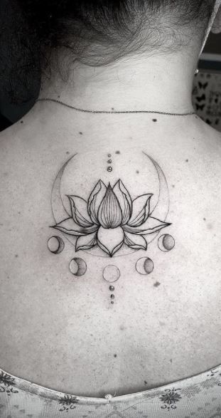 Lotus Flower Zodiac Tattoo, Om Lotus Tattoo Design, Lotus And Moon Tattoo Meaning, Matching Lotus Tattoo, Lotus Flower Throat Tattoo, Lotus Back Of Neck Tattoo, Unique Lotus Flower Tattoo Design, Lotus Flower With Moon Tattoo, Chakra Lotus Tattoo