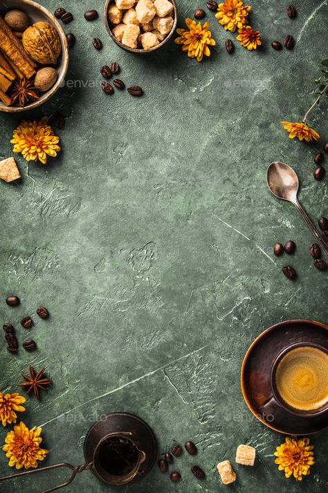 Coffee, flowers and spices on old green background by klenova. Coffee, flowers and spices on old green background, flat lay, space for text #Affiliate #green, #background, #spices, #Coffee Herbal Background Design, Herbal Background, Perfume Business, Food Background Wallpapers, Logo Design Coffee, Bakery Website, Herbal Bath Tea, Kitchen Background, Food Photography Background