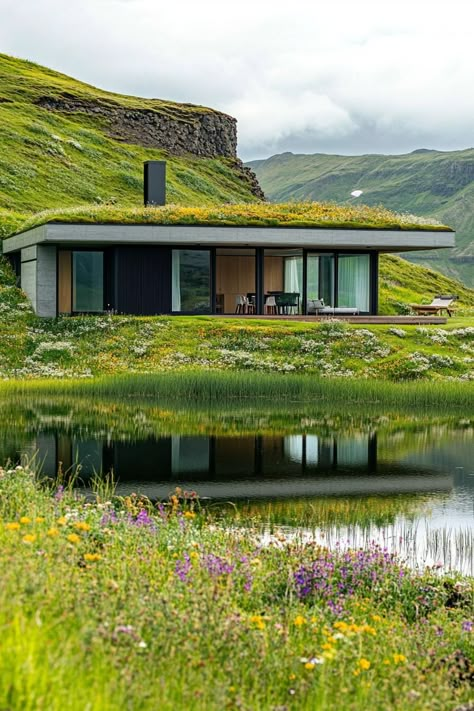 House In A Hillside, Houses On Hillside Design, Farmhouse On Hill, House On Top Of Hill, Country Small House, Hill House Architecture, House In A Hill, Houses On A Slope, House Built Into Hill