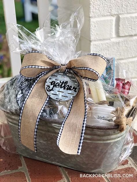 How to Make a Gift Basket in 7 Easy Steps - Back Porch Bliss Unique Gift Basket Ideas, Make A Gift Basket, Soap Gift Basket, Luxury Gift Basket, Making A Gift Basket, Unique Gift Baskets, Teacher Gift Baskets, A Gift Basket, Diy Gift Baskets