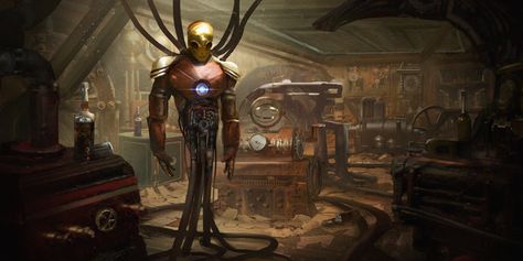 Artificer Workshop, Eddie Mendoza, Workshop Illustration, Steampunk Iron Man, Steampunk Workshop, Steampunk Mechanic, Experimental Animation, Sience Fiction, Steampunk Illustration