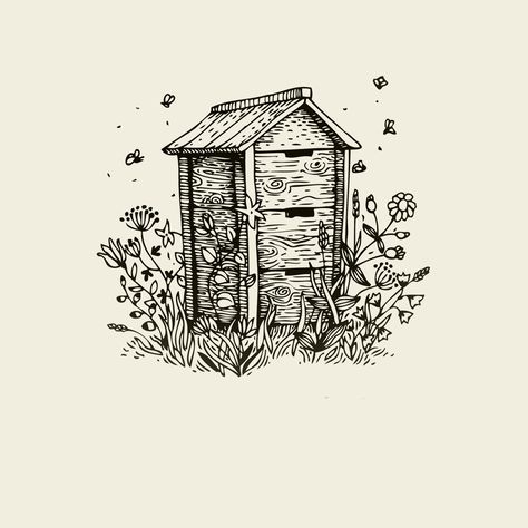 Beekeeping Tattoo, Bee Skep House, Woodcut Tattoo, Bee Skep, Bee Decor, Ink Drawings, White Prints, Black And White Prints, Bees Knees