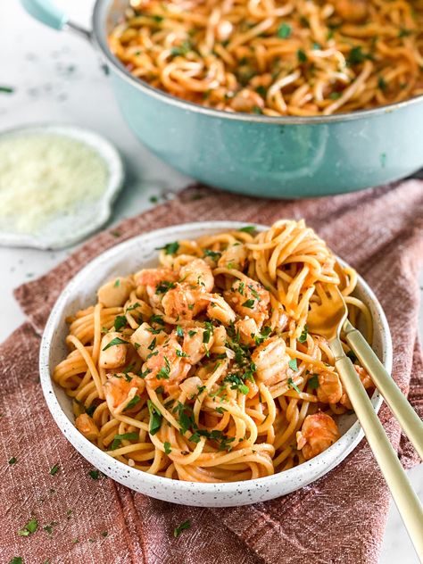 Seafood Pasta with Tomato Cream Sauce Pasta With Tomato Paste, Pasta With Tomato Cream Sauce, Seafood Pasta Sauce, Millennial Kitchen, Tomato Cream Sauce Pasta, Creamy Seafood Pasta, Creamy Seafood, Tomato Cream Sauce, Creamy Chicken Pasta