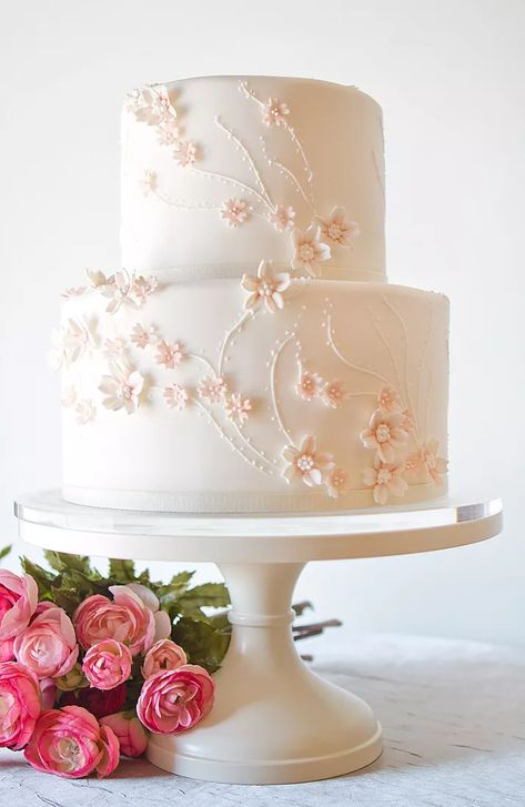 Light Pink And White Wedding, Wedding Cakes White, Cherry Blossom Wedding Cake, Pink And White Wedding, Wedding Cake Prices, Fondant Wedding Cakes, Cherry Blossom Wedding, Wedding Cake Recipe, Cake Pricing