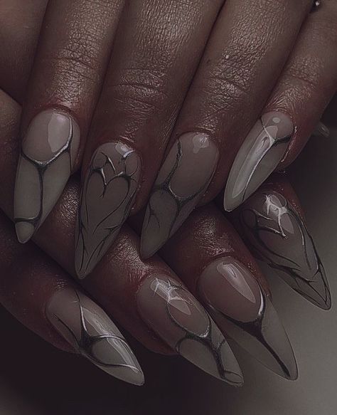 Make a Splash with These May Nail Designs Nails Metalic Design, Metalic Design Nails, Metal Nails Design, Silver Goth Nails, Nail Designs Chrome Heart, Black And Silver Heart Nails, 2yk Nails Ideas, Assassin Nails, Clear Polish Nail Designs