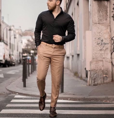 Black Pants Brown Shoes, Tan Pants Men, Black Shirt Outfit Men, Men Formal Outfit, Brown Pants Men, Black Shirt Outfits, Khaki Pants Outfit, Beige Hose, Khakis Outfit