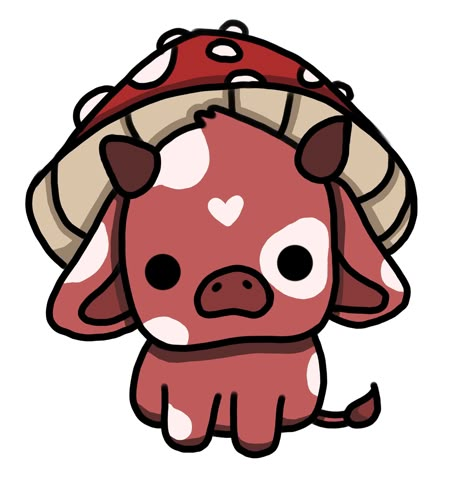 A cute mushroom cow that you can stick on any surface you desire. Mushroom Ideas Art, Cute Animals Drawings Cartoon, Mushroom Cow Drawing, Mushroom Cow Art, Cute Cow Design, Cute Food Drawings Kawaii, Mushroom Cow Painting, Mushroom Art Cute, Animals With Mushroom Hats