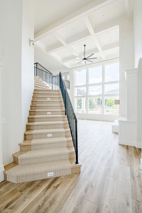 Carpeted Stairs With Wood End Caps, Best Hardwood Floors, Maple Flooring, Stair Renovation, Carpet Staircase, Vinyl Wood Flooring, Staircase Runner, Wood Railing, Staircase Remodel