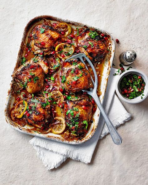 Roast chicken thighs with pomegranate molasses recipe | delicious. Magazine Recipes With Pomegranate, Roast Chicken Thighs, Pomegranate Chicken, Molasses Recipes, Pomegranate Recipes, Ottolenghi Recipes, Roasted Chicken Thighs, Persian Cuisine, Chicken Thigh Recipes Oven