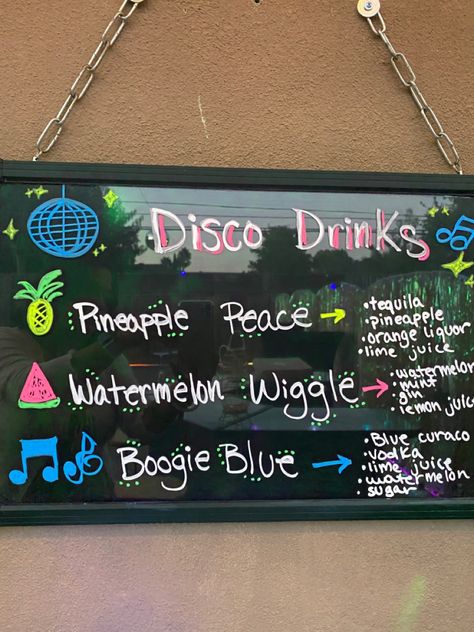 Disco prty disco drinks party drinks neon sign drink sign party vibes disco vibes Disco Themed Party Drinks, Disco Party Drink Ideas, Graduation Disco Party, Disco Themed Drinks, 70s Party Activities, Disco Drinks Party Ideas, Disco Bday Party Ideas, Disco Food Ideas, 70s Theme Party Food