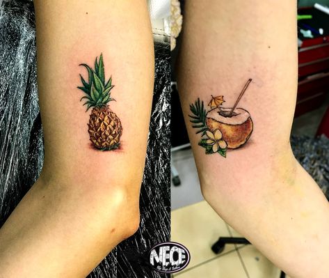 tropical matching tattoos #cocktail #pineapple #coconut #colored #hand #tattoo #tropical #exotic Tropical Matching Tattoos, Beach Life Tattoo, Coconut Tattoo Ideas, Tiny Pineapple Tattoo, Hammock Tattoo, Wine Tattoos, Coconut Tattoo, Tropisches Tattoo, Cocktail Tattoo