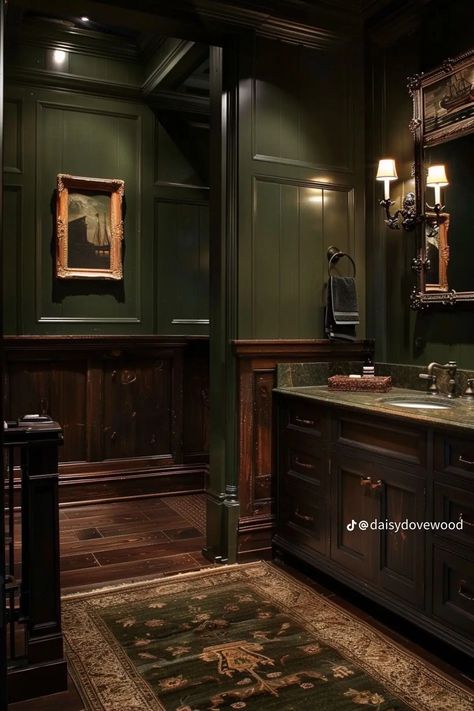 Dark Green Victorian Bathroom, Dark Green Tile Shower Bathroom, Bathroom With Dark Green Tiles, Bathroom Green Panelling, Dark Green And Brass Bathroom, Moody Antique Bathroom, Gentleman’s Bathroom, Dark Green Bathroom No Windows, Green And Dark Wood Bathroom