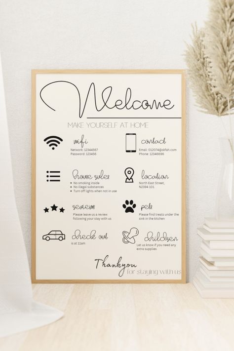 AIRBNB WELCOME SIGN, THANKYOU AND WIFI POSTER This was fully designed by myself. There are three different designs included that can be printed in any colour, size and with editable text! I also offer fully customised downloadable books to YOUR Airbnb. Simply send me your details, and address details I can add all of your 'what to see', restaurant recommendations etc.  WHAT'S INCLUDED? You'll get a PDF file with the direct links to Canva template  WHAT CAN YOU EDIT? Everything! ∙ Text (content, Airbnb Accessories, How To Decorate An Airbnb, Air Bnb Bedroom Ideas Decor, Airbnb Decor Room Ideas Bedroom, Airbnb Decor Room Ideas Living Room, Air Bnb Ideas Decor Living Room, Best Airbnb Decor, Small Airbnb Ideas, Unique Airbnb Ideas