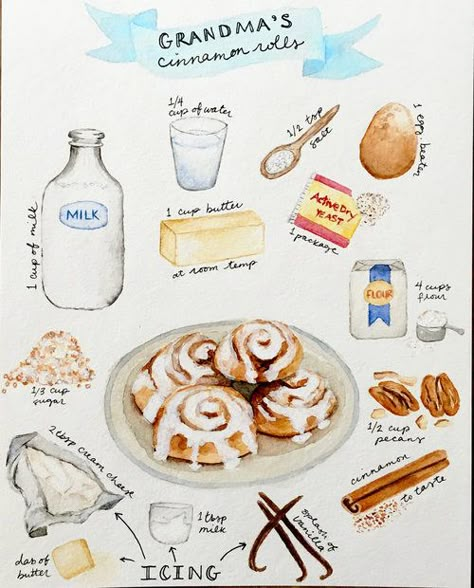 Cinnamon Rolls Recipe Drawing, Cookbook Drawing Ideas, Watercolor Recipe Illustration, Watercolor Cookbook, Cooking Illustration Art, Recipe Drawing Food Illustrations, Meal Drawing, Recipe Graphic, Watercolor Recipe