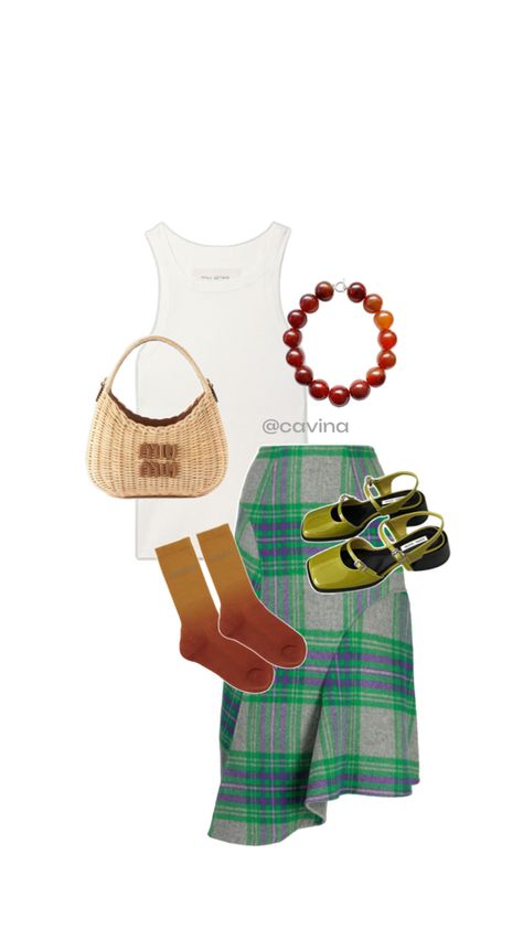 #plaidskirt #whitetanktop #whitetee #greenheels #miumiubag #beadednecklace Cottagecore Fits, Body Outfit, Spring Fits, Minimal Outfit, Sims 4 Clothing, Fashion Images, Hippie Outfits, Plaid Skirt, Street Style Looks