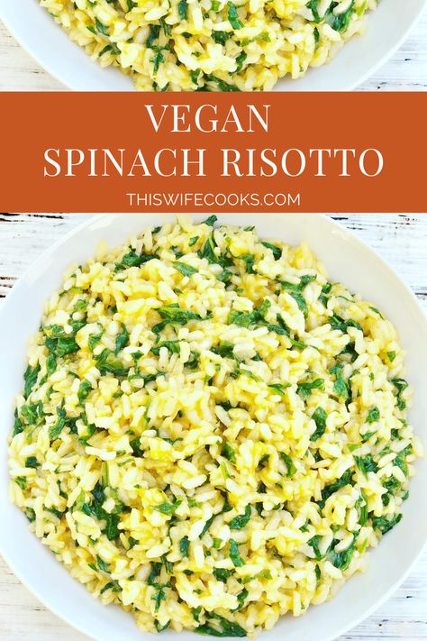 Vegan Spinach Risotto - A rich and creamy Italian comfort food meal made with fresh spinach, Arborio rice, and dairy-free feta cheese. Vegan Spinach Risotto, Starchy Sides, Spinach Risotto, Rice Recipes Vegan, Dream Restaurant, Vegan Feta Cheese, Vegan Spinach, Paleo Vegetarian, Italian Comfort Food