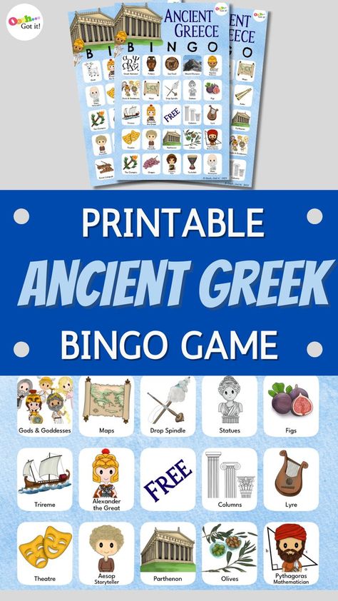 Ancient Greek Bingo Cards are perfect for educators and homeschoolers who want to make learning fun and engaging, as well as anyone who is interested in ancient history and culture. The cards are made of high-quality materials and can be used over and over again for endless hours of entertainment. It's also a great tool to spark conversation and learning about famous characters and significant moments in ancient Greek culture. Print and play today! Greek Activities, Greek Party, Greek Culture, History Activities, History For Kids, Library Programs, Class Activities, Historical Facts, Bingo Cards