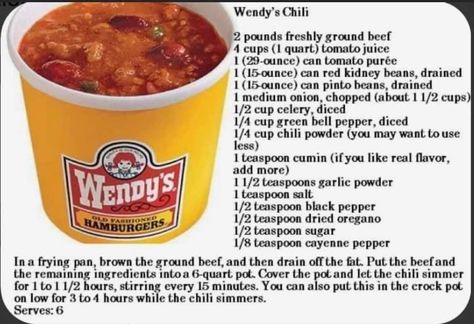 Wendys Chilli, Wendy Chili, Wendy's Chilli, Chili Wendys, Chilli Food, Wendy's Chili, Chilli Soup, Wendys Chili Recipe, Homemade Chili Recipe