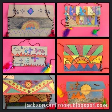 Jackson's Art Room: Native American Parfleche Native American Elementary Art, Halloween Elementary, Native American Art Projects, Multi Cultural Art, Elementary Art Rooms, Westward Expansion, Native American Heritage Month, Native American Paintings, Cultural Art