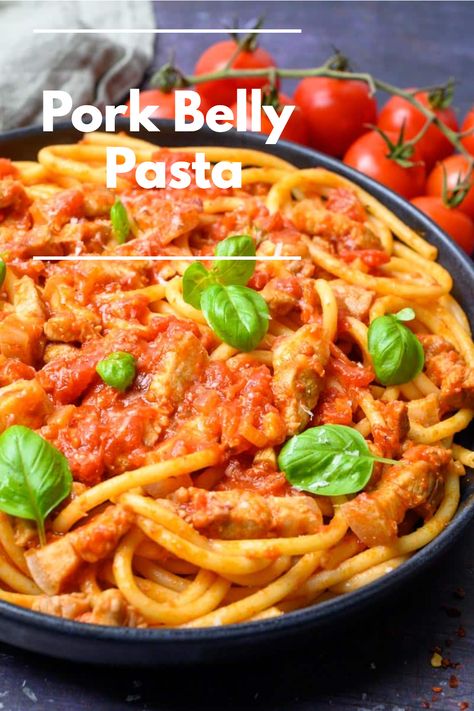 Looking for a restaurant-quality pasta dish at home? Try this BEST Pork Belly Pasta recipe! It's simple to follow, bursting with flavor, and ready in 30 minutes. Vegetarian Lasagne, Pork Belly Slices, Pork Belly Recipes, Crispy Pork Belly, Tomato Pasta Sauce, Spicy Tomato Sauce, Best Pasta Recipes, Crowd Pleasing Recipes, Creamy Tomato Sauce