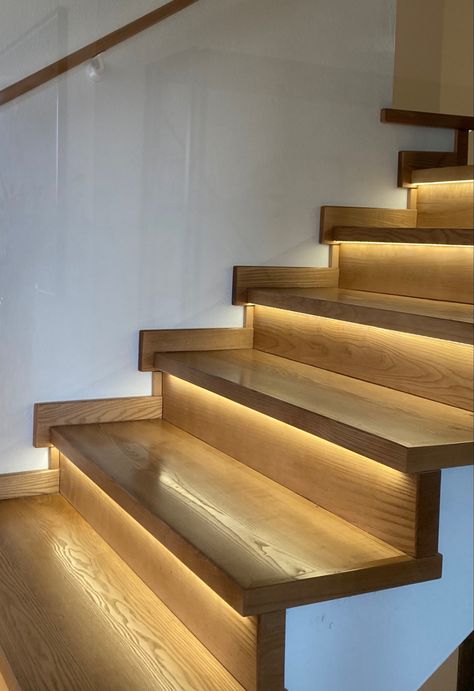 Led Stair Lights, White Staircase, Bed Headboard Design, Stair Lights, Wood Staircase, Staircase Lighting, Stair Lighting, Stair Nosing, Wooden Stairs