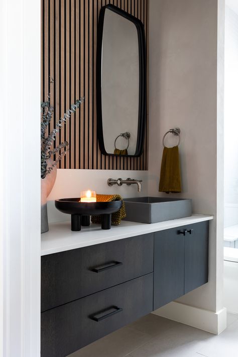 Floating Vanity Powder Room, Primary Bathroom Floating Vanity, Casainc Floating Vanity, Modern Floating Vanity Lowe's, Powder Bathroom Ideas, Moody Powder Room, Marble Floating Vanity Black Bowl Sink, Black Marble Floating Sink, Transitional Bathroom Design