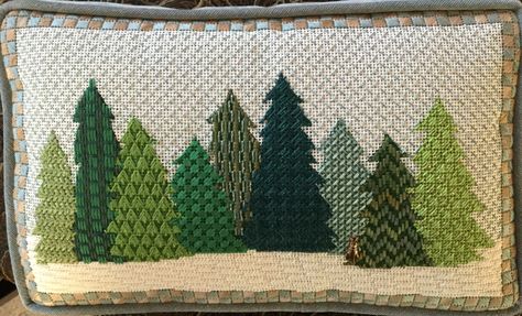 Needlepoint pillow - Nine Trees, designer unknown Needlepoint Christmas Tree, Needlepoint Trees, Needlepoint Tree, Needlepoint Christmas Tree Stitches, Christmas Needlepoint Pillow Kits, Needlepoint Tree Stitches, Needlepoint Pillow Kits Needlepoint For Fun, Needlepoint Stockings, Needlepoint Stitch