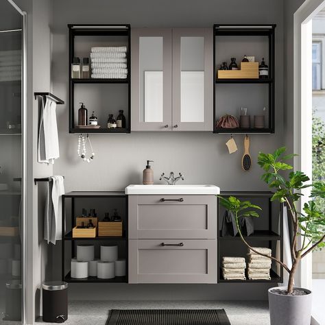 Ikea Enhet, Compact Bathroom Design, Small Bathroom Sinks, Ikea Bathroom, Compact Bathroom, Organization Furniture, Ikea Storage, Mirror Cabinet, Grey Bathrooms