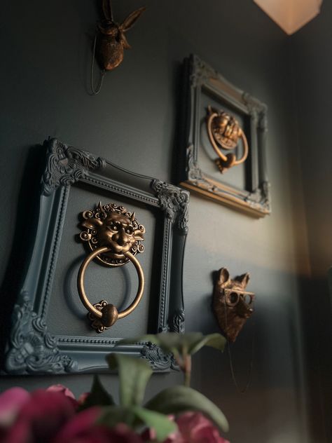 Teal wall, labyrinth door knockers, wall art, brass rabbit, brass bear, alcove, alcove art Moody Decor, Dark Home Decor, Hemma Diy, Fabulous Diy, Goth Home, Goth Home Decor, Dark Home, Inspire Me Home Decor, Hus Inspiration