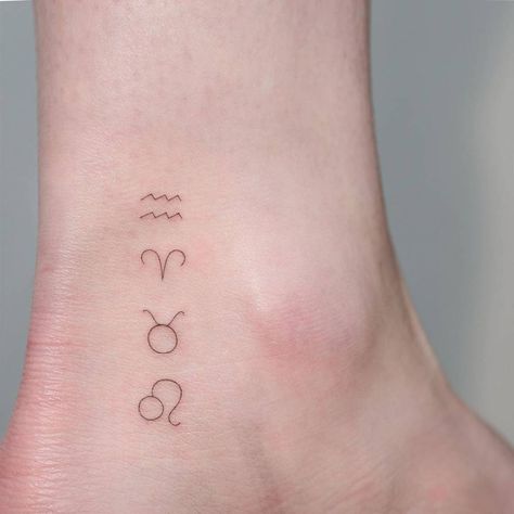 Aquarius, Aries, Taurus and Leo Zodiac symbols. Ankle Tattoo Men, Leo Constellation Tattoo, Aquarius Aries, Horoscope Tattoos, Aquarius Tattoo, Taurus Tattoos, Aries Tattoo, Leo Tattoos, Zodiac Sign Tattoos