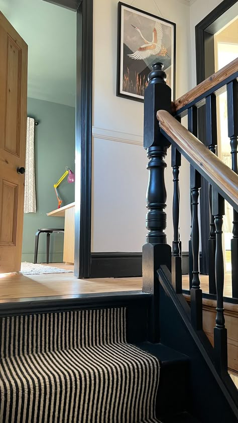 Katherine | Interior design & DIY | I always get asked where our stair runner ends, so hopefully this helps! The stair runner ends on the top riser, we then painted the very… | Instagram Runner Top Of Stairs, Top Of Stairwell Decor, Painted Stairs And Landing, Stair Runner Top Step, Stair Runner Top Of Stairs, Stairs Runner Landing, Sanded Stairs, Runner On Landing, Dark Stair Runner