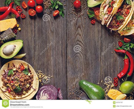 Fresh delisious mexican tacos and food ingredients. Mexican Street Food, Food Stock, Food Backgrounds, Food Wallpaper, Food Ingredients, Healthy Work Snacks, Landscape Background, Diet Vegetarian, Health Snacks