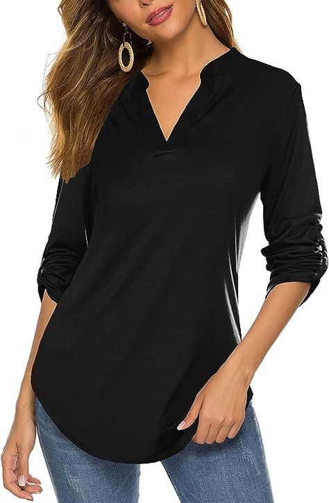 Halife Women's 3/4 Roll Sleeve Notch Neck Tunic Tops Casual Shirt Blouse Tops C-Black L at Amazon Women’s Clothing store How To Wear Kimono, Business Casual Blouse, Comfy Blouse, V Neck Tunic, Long Tunic Tops, Long Tunic, Tunic Blouse, Casual Fall Outfits, Henley Shirts