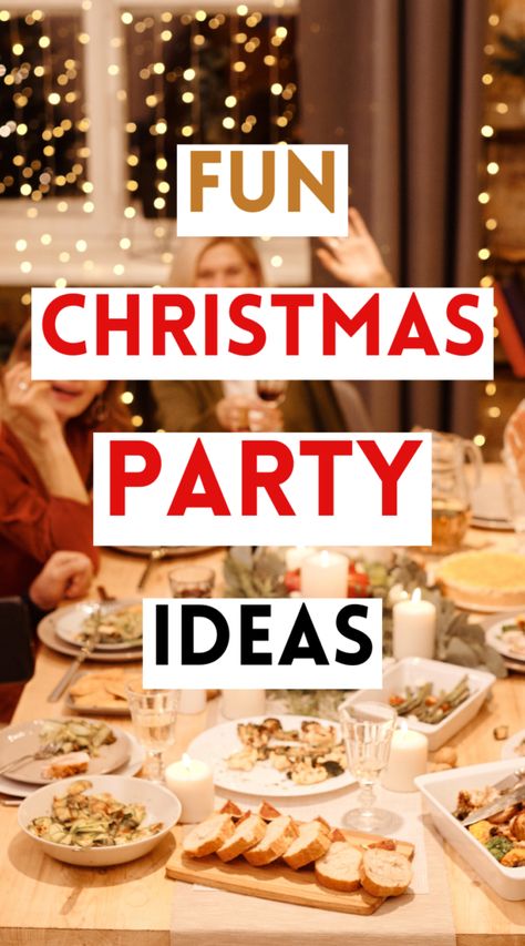 Christmas dinner table Food Themes For Christmas Parties, Xmas Dinner Party Ideas, At Home Christmas Party Ideas, Daytime Christmas Party, Christmas Theme Dinner Party, Neighbor Christmas Party Ideas, Throwing A Christmas Party, Hosting Holiday Party At Home, Types Of Christmas Parties