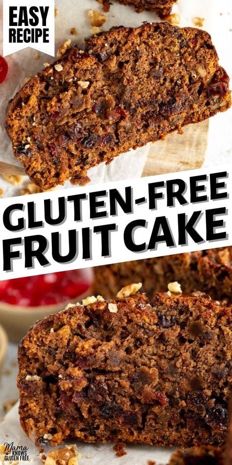 An easy recipe for gluten-free fruit cake packed with candied fruit, chopped nuts, and warm spices. This gluten-free Christmas cake is moist most, dense, and a holiday favorite. Mama Knows Gluten Free, Gluten Free Christmas Cake, Gluten Free Fruit Cake, Gluten Free Christmas Recipes, Gluten Free Vanilla Cake, Gluten Free Christmas Cookies, Gluten Free Cake Recipe, Gluten Free Gingerbread, Easy Gluten Free Desserts