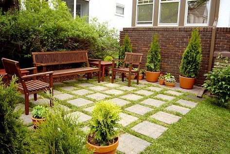 Might be nice to relay the beautiful antique tiles that make up the front patio but space them so grass can grow up in between Pavers With Grass In Between, Small Brick Patio, Backyard Stone, Mini Backyard, Brick Wall Gardens, Brick Courtyard, Brick Planter, Backyard Escape, Diy Patio Pavers