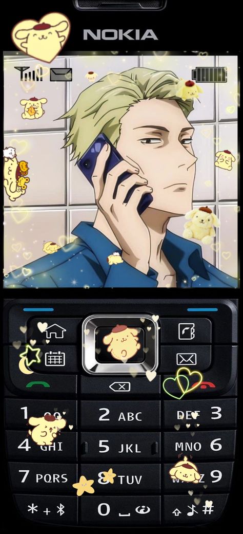 that tiktok trend that makes your phone looks like a nokia phone with cute pompompurin stickers + nanami kento from jujutsu kaisen Nokia Anime Wallpaper, Nanami Kento Pompompurin, Nanami Wallpaper Jujutsu Kaisen, Nanami Kento Wallpaper Aesthetic, Nanami Pompompurin, Jjk Nanami Wallpaper, Nanami Kento Wallpaper Iphone, Nanami Wallpaper Aesthetic, Nanami Lockscreen