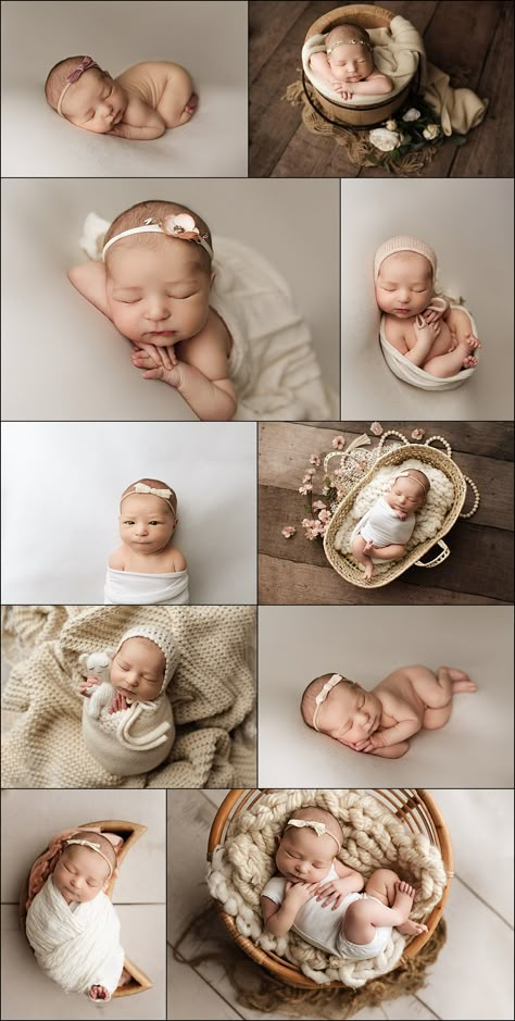 Baby girl newborn pictures, featuring neutral tones and textures and boho flair.  Colors included cream, white, tan, brown, and pink. In use: papasan chair, basket, and bucket. Newborn Photography Easter, Newborn Photoshoot Diy At Home, Neutral Color Newborn Photography, White Background Newborn Photography, Newborn Neutral Photography, New Born Girl Baby Shoot, Gender Neutral Newborn Photography, Boho Newborn Photos, Newborn Baby Girl Photoshoots